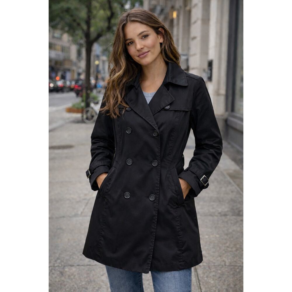 Espirit womens Black Button Down Mid Length Double Breasted Trenchcoat Sz 10